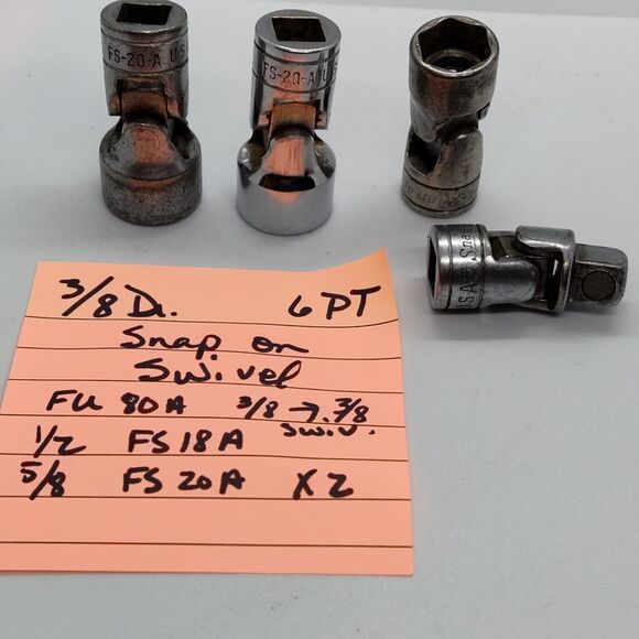 Snap On FU 80A 3/8 Dr 1/2” & 5/8" 6 Point Flex Swivel Socket USA FS18-A FS20-A